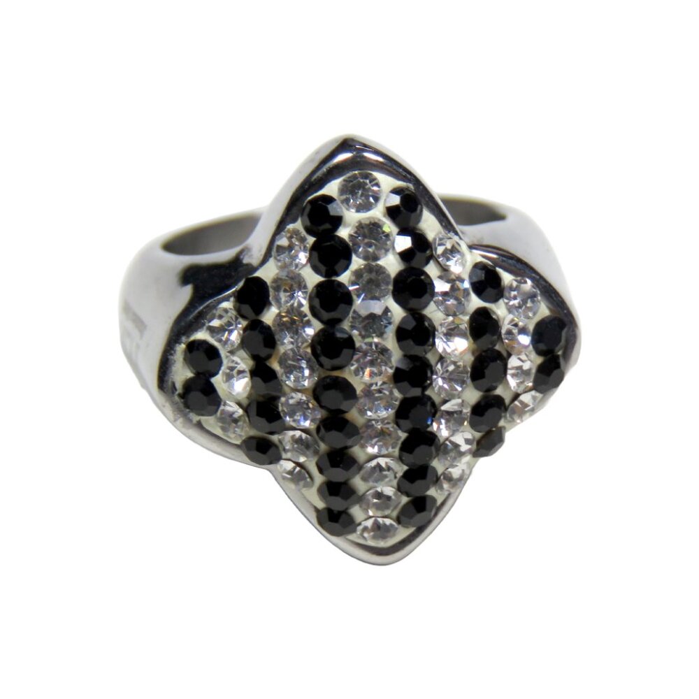 Inox Women's Polished Stainless Steel Ring with Clear and Black CZ, Size 7